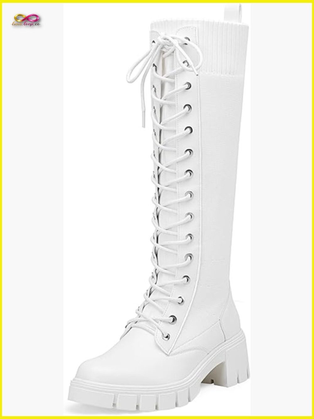 Knee High Combat Boots Chunky Heel Lace Up Platform Tall Wide Calf Stretch Knit